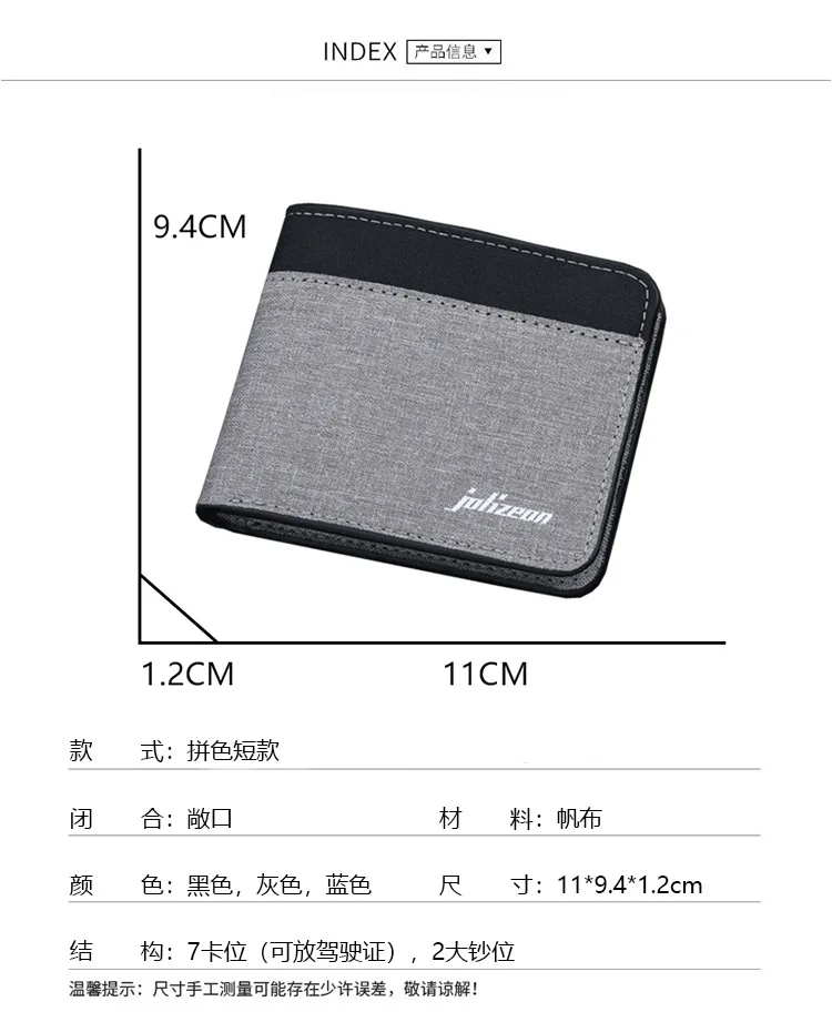 Canvas Men Wallet Black/blue/gray Card Holder Wallet Male Money Bag ID/photo/bank Holder Short Purse Credit Card Case Bag