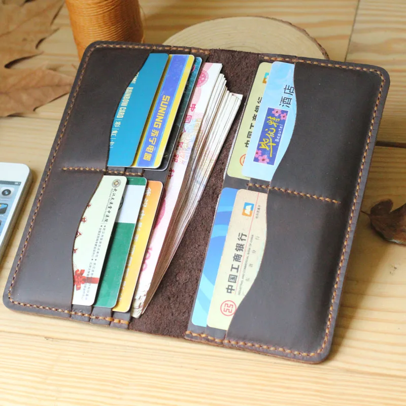 Handmade Vintage Crazy horse Genuine Leather Wallet men Leather long wallet clutch bag male purse money clips money bag