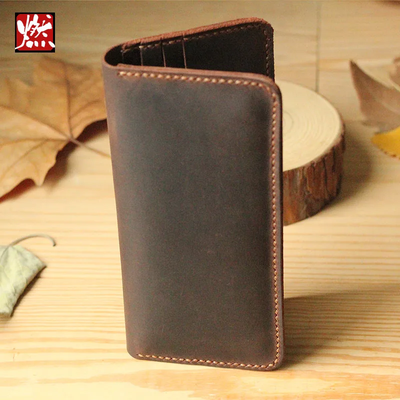 Handmade Vintage Crazy horse Genuine Leather Wallet men Leather long wallet clutch bag male purse money clips money bag