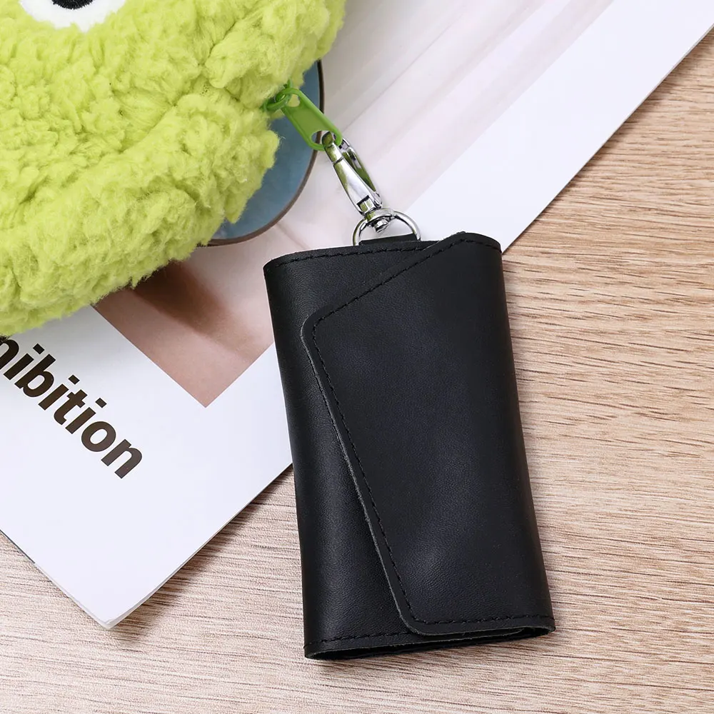 Portable Leather Housekeeper Holders Car Keychain Key Punck Bag Case Men Black Keys Wallet Cover Simple Solid Color Storage Bags