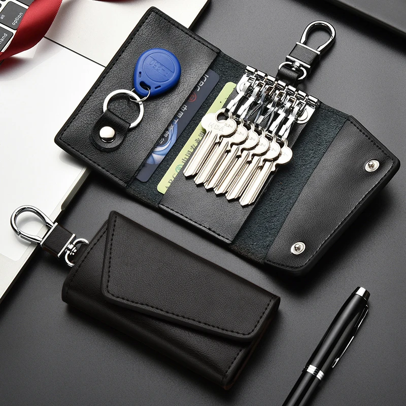 Portable Leather Housekeeper Holders Car Keychain Key Punck Bag Case Men Black Keys Wallet Cover Simple Solid Color Storage Bags