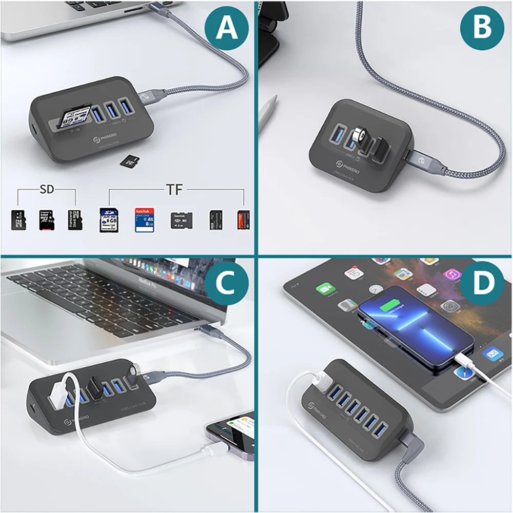 PHIXERO USB Splitter USB 3.2 Hub 5Gbps Type C Adapter Multi Ports USB 3.0 Docking Station Hub for Surface Macbook Laptop PC Hub PHIXERO USB Splitter USB 3.2 Hub 5Gbps Type C Adapter Multi Ports USB 3.0 Docking Station Hub for Surface Macbook Laptop PC Hub