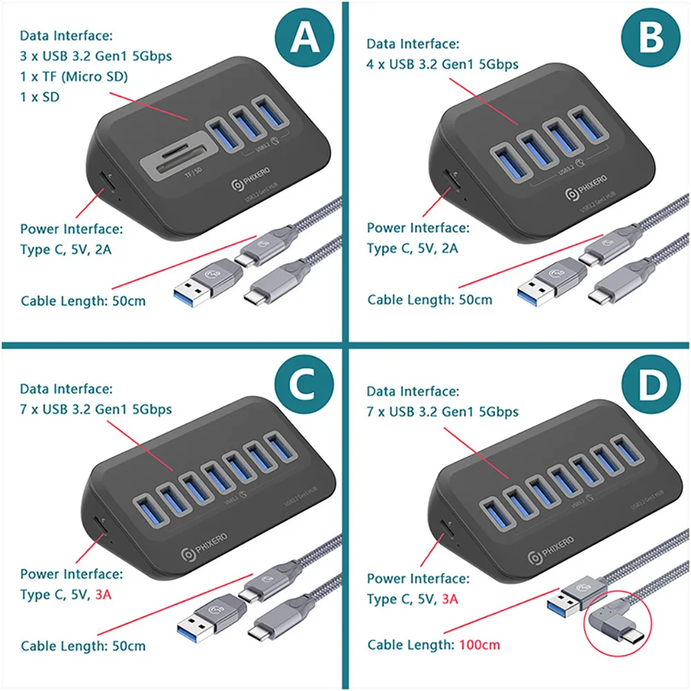 PHIXERO USB Splitter USB 3.2 Hub 5Gbps Type C Adapter Multi Ports USB 3.0 Docking Station Hub for Surface Macbook Laptop PC Hub PHIXERO USB Splitter USB 3.2 Hub 5Gbps Type C Adapter Multi Ports USB 3.0 Docking Station Hub for Surface Macbook Laptop PC Hub